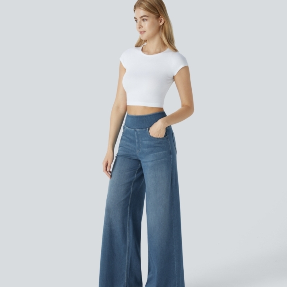 Halara Flex High Waisted Pockets Baggy Wide Leg Washed Casual Jeans